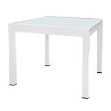 mesa jardin aluminio blanco MATERIALES DE ALTA RESISTENCIA. Fabricada con una estructura tubular de aluminio lacado en blanco y cristal templado de seguridad de 5 mm. Estos materiales garantizan una larga durabilidad y firmeza frente al uso constante en exteriores.