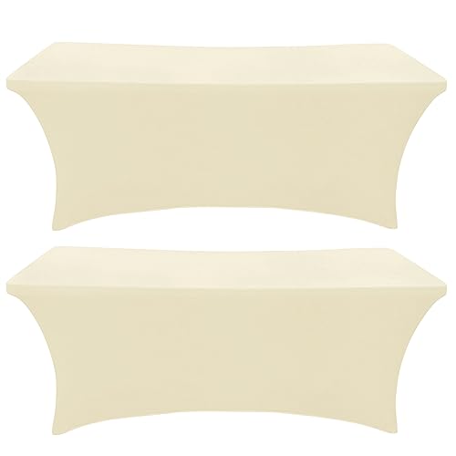 Image of SEPARO 2 Pack 6 Ft Beige Spandex Table Cover Fitted Rectangular Tablecloth Stretchable Fabric Table Cloth 6 ft Wrinkle-Free for Party Tradeshows Banquet Weddings Cocktail