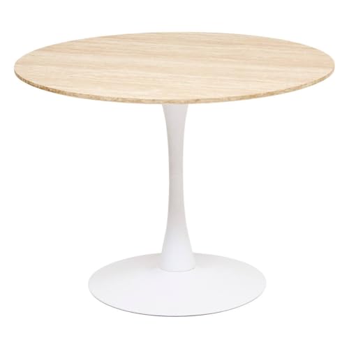 Atmosphera - Table à Manger Ronde Elias 4 Personnes D 102 cm, Plateau Effet Chêne et Pied Central Métal Blanc - pour Salle à Manger, Cuisine