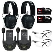 Walkers Razor Slim Electronic Muff (Black, 2-Pack) Bundle with Tactical/Hunting Walkie Talkie (2-Pack), Sport Shooting Glasses (Clear, 2-Pack) and Microfiber Cleaning Cloth (2-Pack) (8 Items)