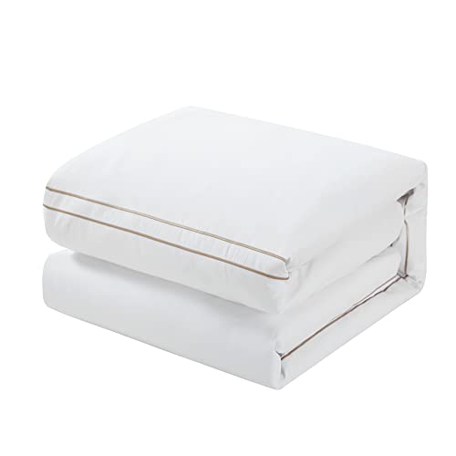 Chic Home Santorini 4 Piece Cotton Comforter Set Solid White with Dual Stripe Embroidered Border Hotel Collection Bedding – Includes Decorative Pillow Shams, Queen, Beige - Thumbnail 6