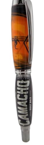 Handmade Artisan Jr Gentleman II style rollerball pen. Camacho cigar label collage in clear acrylic. Black titanium trim. Screw off postable cap. Black ink.