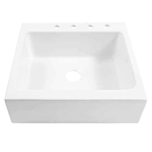 Parker Fireclay Quick-Fit Drop-In Farmhouse Kitchen Sink And Care Kit, 26" Crisp White Single Bowl With 4 Holes #TOP1