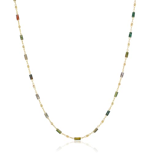 Gemstone Bead Necklaces for Women Multi Color Beaded Choker Natural Stone Necklace Black White Green Tigers Eye Handmade 18K Gold Plated Dainty Summer Jewelry