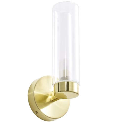 Image of Britalia Wall Light for Bathroom, 27cm, Satin Brass with Clear Cylinder Glass, Vintage, IP44