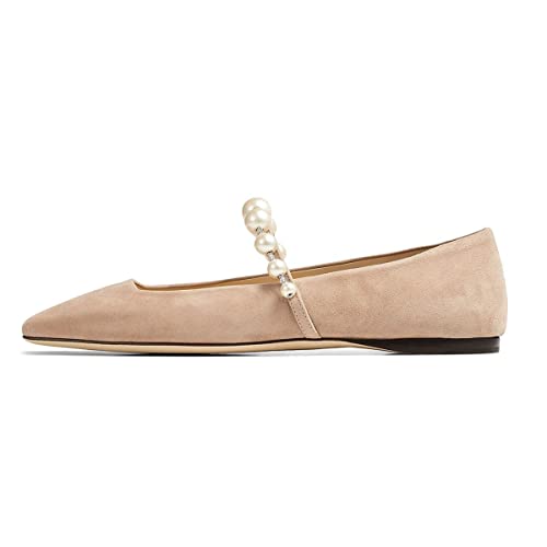 FOWT Women Square Toe Slip on Flats Pearl Studded Strap Elegant Pumps Wedding Bride Prom Dressy Shoes Size 4-15 US