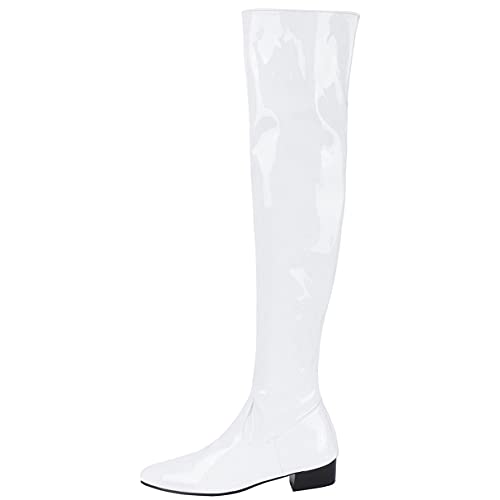 LUXMAX Women Patent Leather Thigh High Low Heel Boots Pointed Toe Flat Over The Knee High Boots with Zip