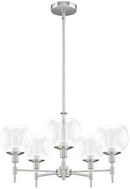Hunter - Xidane 5-light Brushed Nickel, Large Chandelier, Dimmable, Mid Century Modern Style, Round Shaped, for Bedrooms, Kitchens, Dining, Living Rooms - 19742