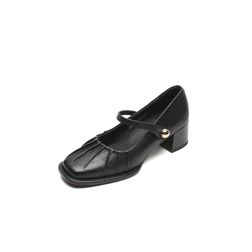 TinaCus Women's Round Toe Pleated Genuine Leather Handmade Chunky Heels Mary Jane Shoes