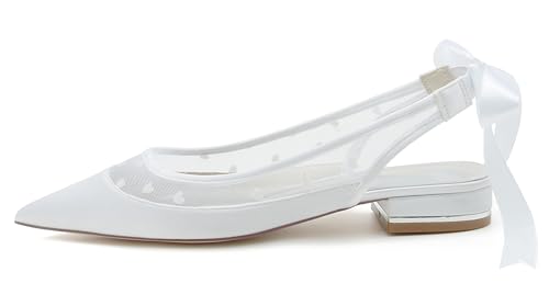 Hanfike Girls Womens Wedding Flats Shoes Slingback Pointed Toe Formal Evening Pumps with Ribbon JY2782