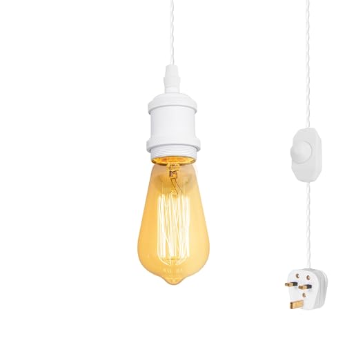 FSLiving 4.5 Meters of White Twisted Fabric Cable Plug in Pendant Lighting Kit Pendant Light Fitting with Dimmer Switch and E27 White Lamp Holder