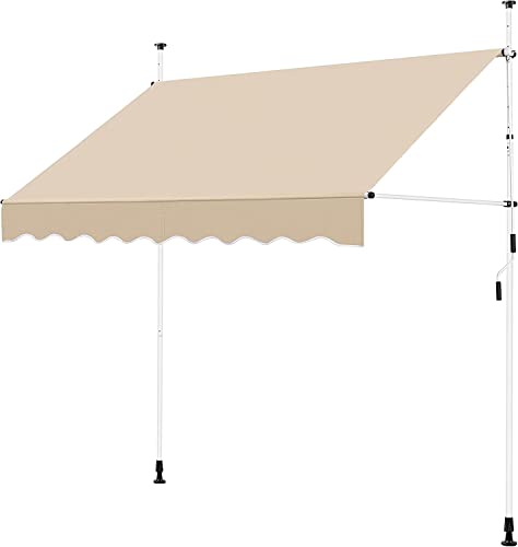 オーニング オーニングテント 伸縮タイプ 日よけ 巻き取り式 サンシェード ひさし 紫外線 UV カット クールサマーオーニング 角度 高さの調節が可能 簡単設置 (ホワイトのポールベージュの布, 300cm)