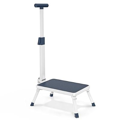 Folding Step Stool, Step Stools with Handle for Elderly Adults, Metal Stepping Stool with Adjustable Handrail in Kitchen, Bathroom, Bedroom, 330 Lbs Capacity