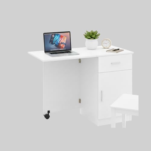 Image of TEKAVO Clipper Foldable Table I Computer Table for Home Pc I Office Table for Home Office I Storage and Folding Office Desk, Space Saving I Drawer & Door I White Wood (104 Cm x 50 Cm x 75 Cm) - DIY