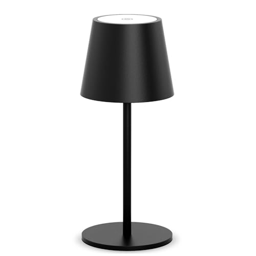 lundwa Dimmable LED Battery Table Lamp 26 cm, 5000 mAh Camping Lamp Battery Rechargeable, 3 W 3000 K Table Lamp Wireless, IP54 Outdoor Table Lamp for Restaurant, Bedroom, Bar (Black, Pack of 1)