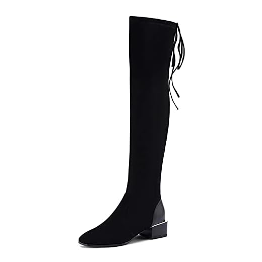 Kvinna över knä stövlar, svart stretchmocka fyrkantigt huvud Slip-On lår stövlar Casual Rider stövlar (34-43),Black,34