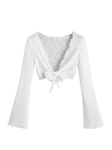 OYOANGLE Women's Bolero Shrug Lightweight Bell Long Sleeve Tie Front Cropped Cardigans