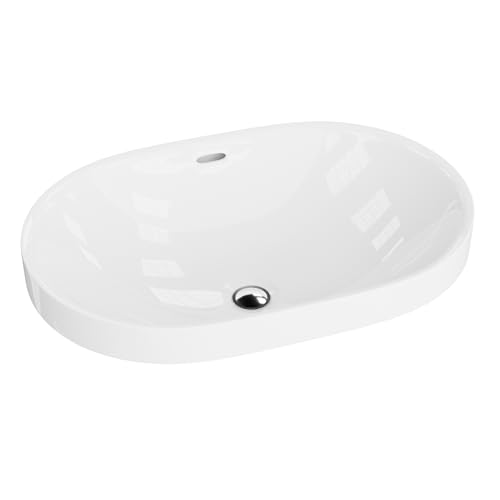 LAVITA Lavabo a incasso Puebla | Lavabo sospeso | lavabo rotondo con troppopieno e senza foro per rubinetto | ceramica di alta qualità | bagno, 60 x 39 x 16,5 cm | bianco lucido
