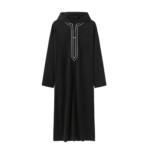 Caftan en lin pour homme avec broderie élégante robe noire à capuche FGRID
