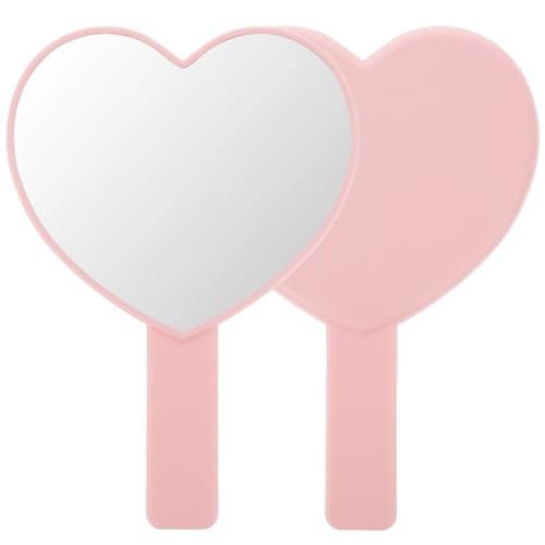 Dimeho Heart-Shaped Travel Handheld Mirror, Heart-Shaped Makeup Hand Mirror with Handle, Portable Cosmetic Mirror for Women (Pink)