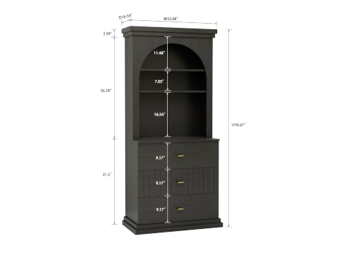 Image of ivaniti 71 inch Arched Kitchen Pantry Cabinet Set of 4 with 12 Drawers, Black Freestanding Storage Hutch with Open Shelves and Gold Handles for Kitchen, Dining Room