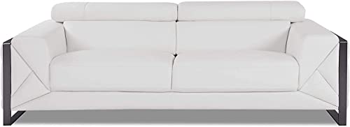 BlackJack Furniture Gianni Top Grain Italian Leather Sofa with 9-Position Adjustable Headrests, Contemporary Geometric Pattern, Chrome Hardware & Durable Hardwood Frame, White