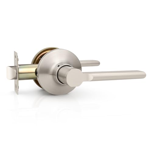 GOBEKOR 1 Pack Brushed Nickel Passage Door Handles,Heavy Duty Interior Door Levers for Hallway and Closet,Sleek Round Stain Nickel Door Locks