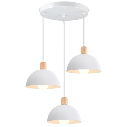 iDEGU 3 Lampes Suspension Luminaire Moderne 20cm Lustre Suspension Rétro Style Scandinave Plafonnier Abat-jour en Bois Métal E27 Éclairage de Plafond pour Chambre...