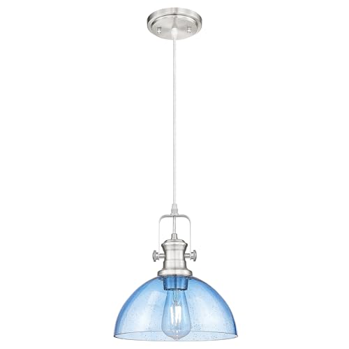 Image of 10.5 inch Brushed Nickel Pendant Lights Kitchen Island, Blue Shade | Farmhouse Vintage Hanging Light for Dining Room, Blue Seeded Glass Shade, Adjustable Cord, E26 Base, AD-22151-1PL-BK