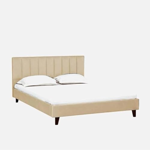 Image of Wooden Modern Upholstered Queen Size Bed for Bedroom | Wooden Double Bed Without Storage | Platform Cot Upholstered Bed with Upholstery Fabric | Engineered Wood | 6.5 x 5 Ft | Beige