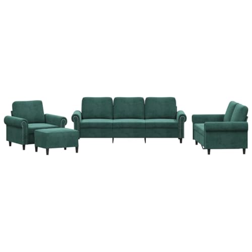 vidaXL Sofagarnitur 4-TLG., Sessel Couch mit Kissen Fußhocker, Sofa Wohnzimmersofa mit Armlehnen, Couchgarnitur Designsofa Sitzmöbel Polstermöbel, Dunkelgrün Samt