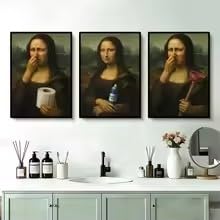 ZHUOYA 3pcs Whimsical Bathroom Mona Lisa Decor Tissue Holder, Deodorizing Toilet Brush, Canvas Poster Bathroom Decoration(55x70x3cm/Frameless)