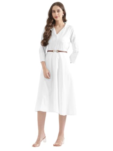 Image of SAADAA Women Cotton-Linen Blend Flared Dress | Midi Dress with 3 /4 Sleeves, Adjustable Waist Belt & Pockets | Below Knee Casual Dress for Office, Travel & Everyday Wear