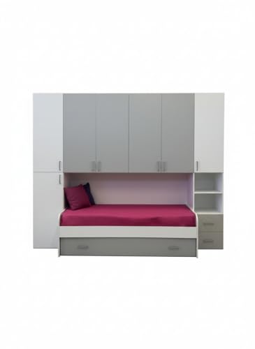 Scopri la Camera Ponte Eco Easy, una soluzione elegante per camerette. Realizzata in legno nobilitato bianco frassinato e grigio, misura 287x92x245H cm. Dotata di maniglie in alluminio e rete a doghe per un comfort ottimale.