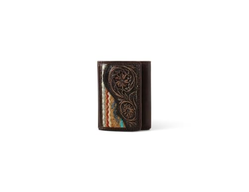 ARIAT Men's Leather Trifold Wallet with Floral Tooled Design and Wool Southwestern Pattern