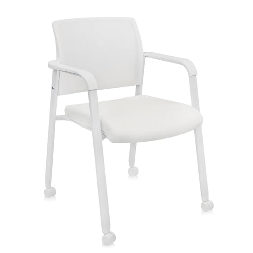 Image of CLATINA Mesh Back Guest Reception Stacking Chair with Wheels, Waiting Room Stackable Chairs with Upholstered Leather Seat & Ergonomic Lumbar Support for Office Conference School Study Lobby, White
