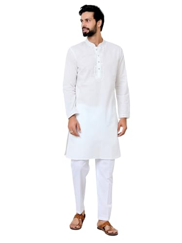 Image of See Designs Men's Full Sleeve Mandarin Collar Ethnic Motifs Embroidered Sequinned Mandarin Collar Straight Long Kurta with Pyjama - Festive Collection