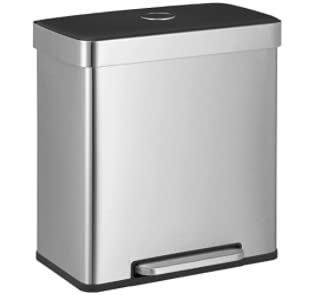 SONGMICSKitchen Bin, 2 x 30L Stainless Steel Pedal Rubbish Bin with 15 Trash Bags, Recycling and Waste, with Plastic Inner Buckets, Lid, Soft Closure, 58 x 31.5 x 59 cm, Silver LTB202E01