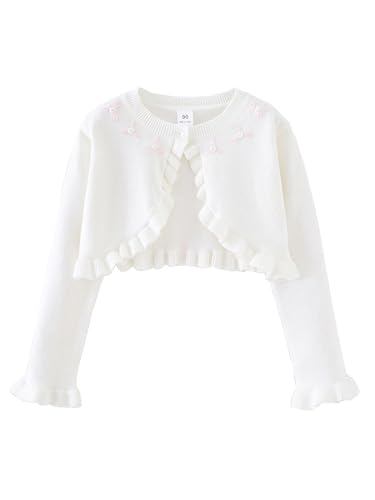 Yhong Bolero de bebé para niños, chaqueta de punto para niña, con volantes, chaqueta corta de punto de manga larga, chaqueta de hombro para vestido de comunión, vestido de bautizo, Blanco, 104-110