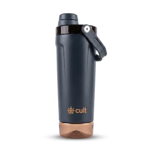Image of CULT Steel Shaker Bottle 600ml Protein Mixer Bottle with Secure Lock Lid, Storage Compartment & Non-Slip Grip for Gym & Travel, BPA-Free