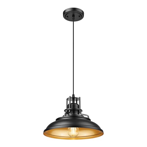 Image of FEMILA Black & Gold Pendant Lights for Kitchen Island, 12 inch Farmhouse Pendant Light Fixture, Adjustable Hanging Barn Lights Outdoor for Dining Room, Entryway, 4FY15-MP BK-1