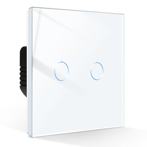 CNBINGO Touch Light Switch 2 Gang 2 Way, Tempered Glass Panel Light Switches with LED Indicator, No Neutral Wire, 1 Pack, White