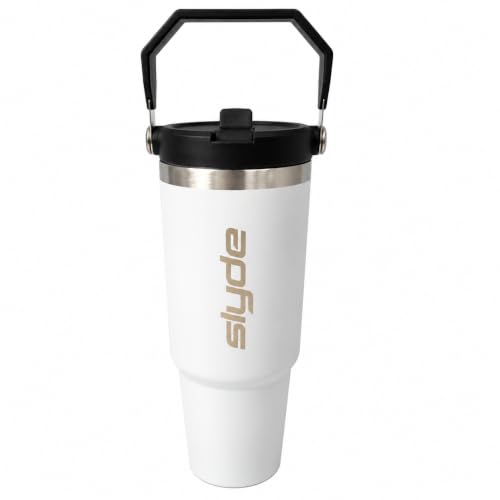 Image of Slyde 900ml Stainless Steel Insulated Tumbler with Handle | Double Wall Vacuum Insulated Travel Mug | Leakproof Flip Lid | Hot & Cold Water Bottle | BPA Free White