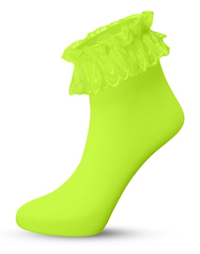 Sugar Sunday Womens Ruffle Socks Nylon Lace Frilly Ankle Socks for Women - One Size - Neon Green