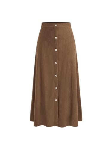 CIDER Skirts for Women Corduroy Midi A Line Ruffle Button Front Mid Waist Solid Casual Skirt