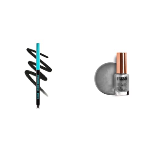 Image of LAKME 9-5 Eyeconic Smokey Kajal, Black 0.35g, for Smokey Eye Perfection, with 2x Darker Pigment, Smudge-Proof and Waterproof, Long-Wear Formula LAKME Ultimate Glam Chrome Nail Paint, Gunmetal 6ml