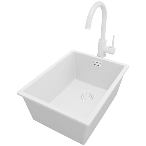 PRIMAGRAN Fregadero Granito Todo Blanco 36x47cm, Fregadero Cocina 1 Seno + Sifón + Grifo 32x20cm, Fregadero sobre encimera al mueble 40cm - London Slim