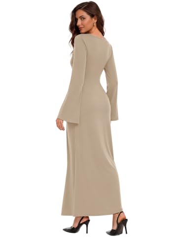 Sipaya Maxi Bodycon Dresses for Women Wedding Guest Formal Business Casual Long Sleeve Cocktail Outfits Midi Fall Fashion Winter Clothing Funeral Apricot L - image 5