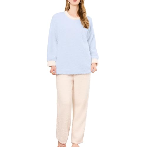 HEARTNICE Fleece Pajama Set for Women, Pullover Fuzzy Long Sleeve Tops and Pants Plush Sleepwear Soft Warm Pjs Lounge 2 Piece(LIGHT BLUE, M)