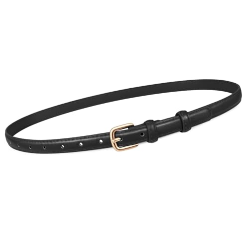 JASGOOD Women Skinny Faux Leather Belt Thin Waist Belt for Women Jeans Dress Fashion Ladies Belt with Gold Buckle Black